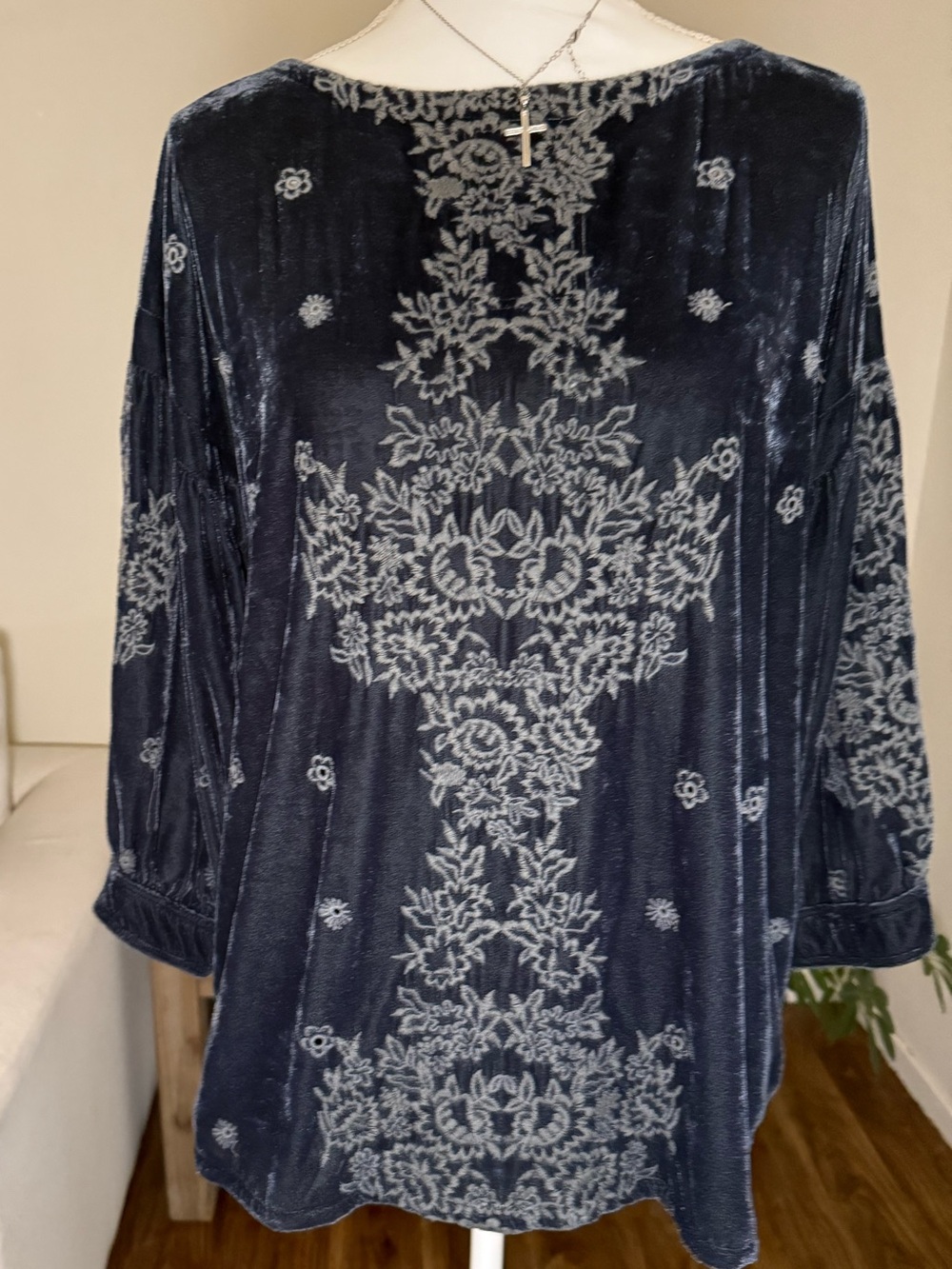 Johnny Was Navy Velvet Tunic with Light Blue Embroidered Floral Motif